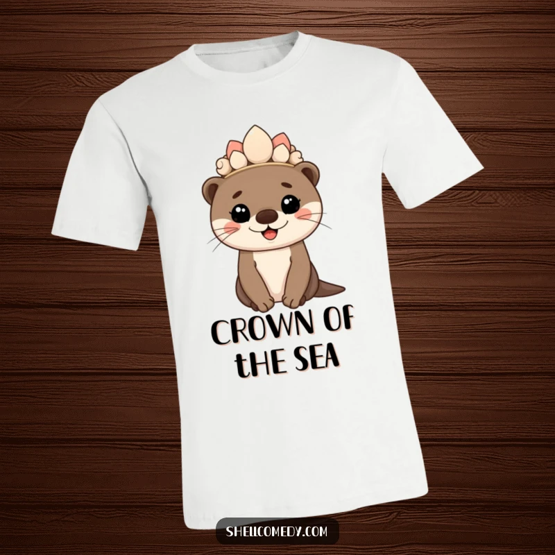 Funny otter cub t-shirt wearing a seashell crown and smiling proudly, regal apparel.