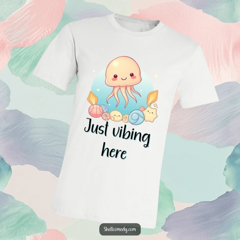 Funny Jellyfish T-Shirt: A content jellyfish drifts peacefully next to a collection of beautifully glowing seashells.
