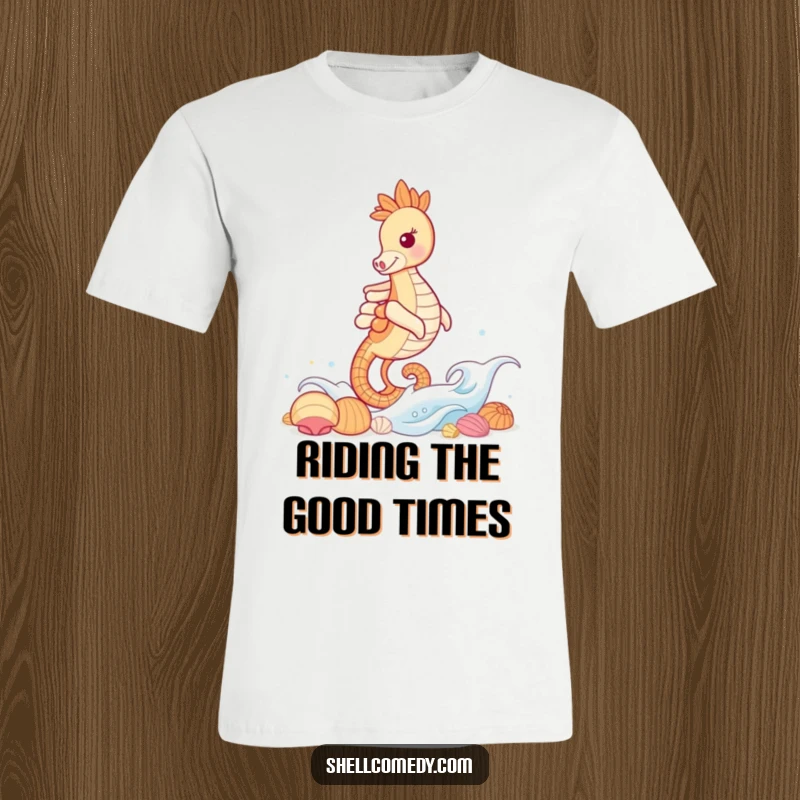 Funny Seahorse T-Shirt: A grinning seahorse expertly rides a gentle wave, heading towards a treasure trove of shells.