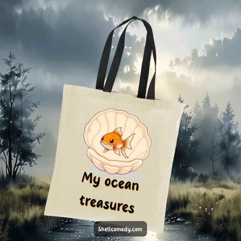 Funny Goldfish Tote Bag: A happy goldfish navigates playfully through a large, empty seashell, ready for beach day.